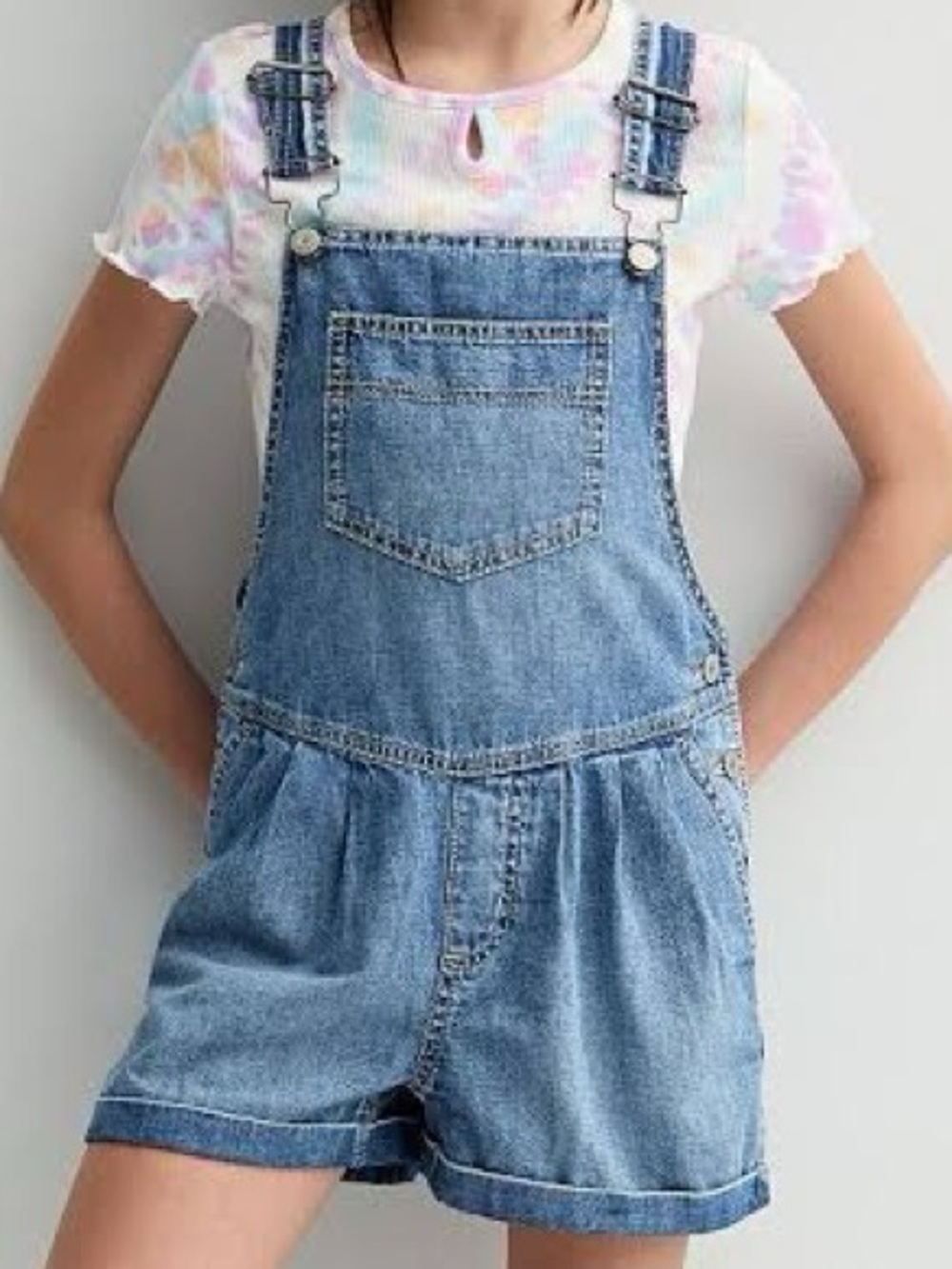 SO Girls' Blue Denim Shortall Pleated Overalls Size 10